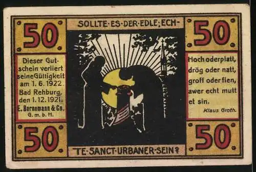 Notgeld Bad Rehburg, 1921, 50 Pfennig, Mattschlösschen mit Sprüchen und Gültigkeitsdatum