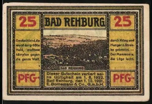 Notgeld Bad Rehburg, 1921, 25 Pfg, Landschaftsansicht und Wappen mit W. Busch Zitat