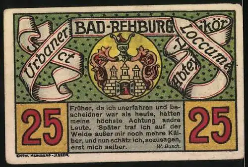 Notgeld Bad Rehburg, 1921, 25 Pfg, Landschaftsansicht und Wappen mit W. Busch Zitat