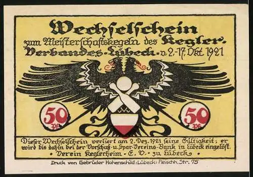 Notgeld Lübeck 1921, 50 Pfennig, Holstentor und Adler mit Text Wechselschein Meisterschaftskegeln des Kegler-Verband's