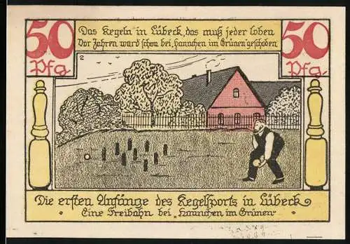 Notgeld Lübeck, 1921, 50 Pfennig, Wechselschein zum Meisterschaftskegeln des Kegler-Verbands mit historischen Kegelspiel