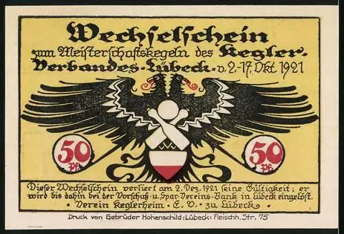 Notgeld Lübeck, 1921, 50 Pfennig, Wechselschein zum Meisterschaftskegeln des Kegler-Verbands mit historischen Kegelspiel