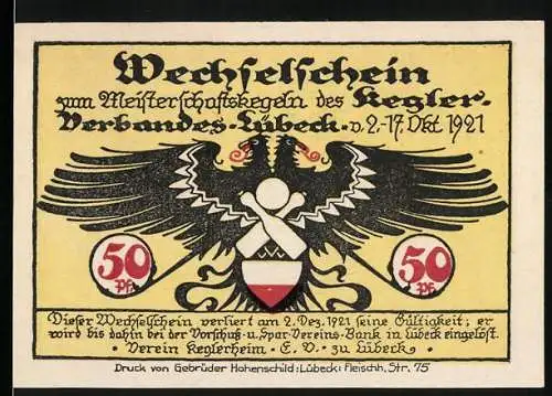 Notgeld Lübeck 1921, 50 Pfennig, Meisterschaftskegeln des Kegler-Verbandes mit Adler und Kegelhalle