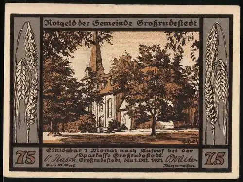 Notgeld Grossrudestedt, 1921, 75 Pfennig, Kirche und Weizenähren, Spruch auf Rückseite