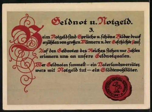 Notgeld Grossrudestedt, 1921, 75 Pfennig, Kirche und Weizenähren, Spruch auf Rückseite