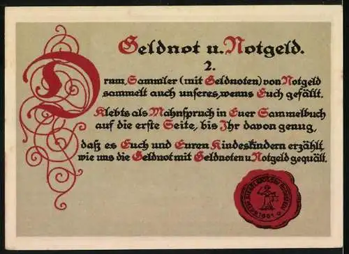 Notgeld Grossrudestedt, 1921, 50 Pfennig, Getreide- und Dorfszene, rote Schrift auf der Rückseite