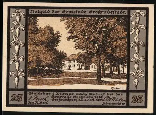 Notgeld Grossrudestedt, 1921, 25 Pfennig, Landschaft mit Bäumen und Gebäude, rote Verzierung und Text auf Rückseite