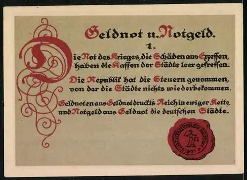 Notgeld Grossrudestedt, 1921, 25 Pfennig, Landschaft mit Bäumen und Gebäude, rote Verzierung und Text auf Rückseite