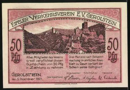 Notgeld Gerolstein, 1921, 50 Pfennig, Eifeler Verkehrsverein mit Ansicht der Burg und Landschaft