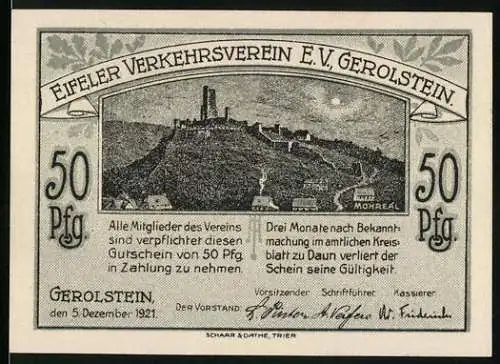 Notgeld Gerolstein, 1921, 50 Pfennig, Eifeler Verkehrsverein e.V. Gerolstein, Burgansicht und historische Darstellung