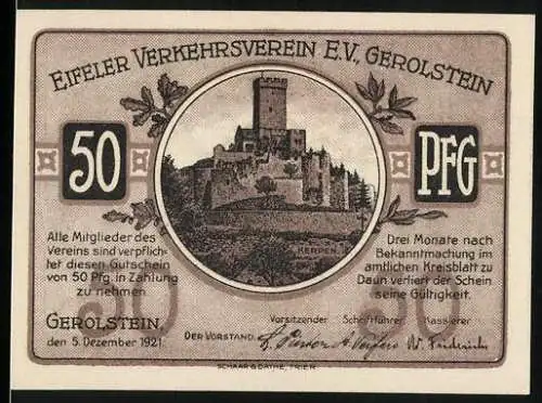 Notgeld Gerolstein, 1921, 50 Pfennig, Eifeler Verkehrsverein mit Burgenansichten