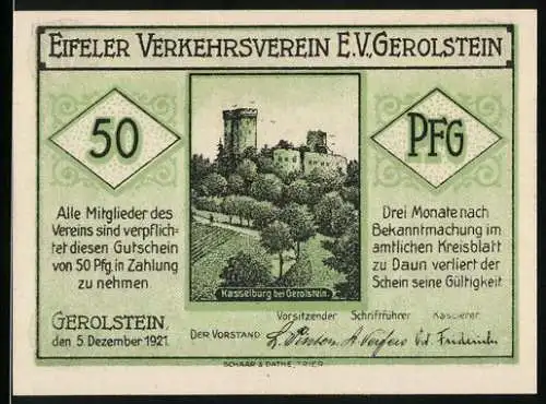 Notgeld Gerolstein, 1921, 50 Pfennig, Eifeler Verkehrsverein mit Kasselburg und Landschaftsszene