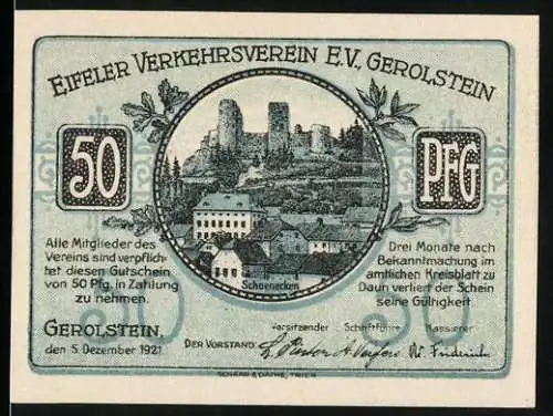 Notgeld Gerolstein, 1921, 50 Pfg, Eifeler Verkehrsverein, Schloss Schönecken und Kronenburg
