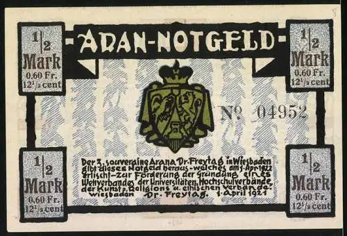 Notgeld Wiesbaden 1921, 1 /2 Mark, Dr. Freytag Wiesbaden zur Förderung der Einigung