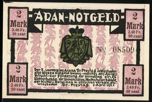 Notgeld Wiesbaden 1921, 2 Mark, Souvenir von Dr. Freytag zur Förderung von Universitäten und Kunst in Wiesbaden