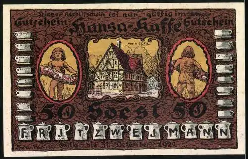 Notgeld Soest 1922, 50 Pfennig, Hansa-Kaffee-Gutschein mit Gebäudemotiv und Putten