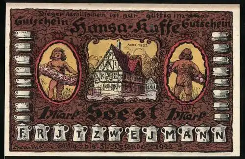 Notgeld Soest, 1922, 1 Mark, Hansa Kaffee Gutschein mit Szenen aus der Hansazeit