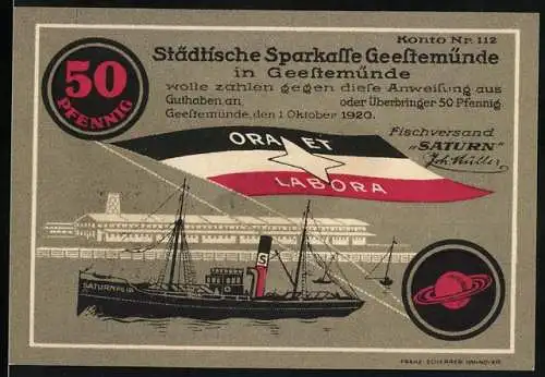 Notgeld Geestemünde 1920, 50 Pfennig, Fischerboot und Porträt mit Marschall Vorwärts! General Blücher
