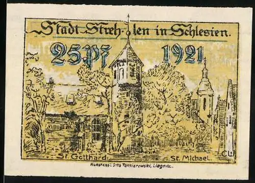 Notgeld Strehlen in Schlesien, 1921, 25 Pf, Vorderseite: St. Gotthard und St. Michael, Rückseite: Sparmarke mit Wappen