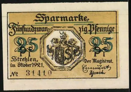 Notgeld Strehlen in Schlesien, 1921, 25 Pf, Vorderseite: St. Gotthard und St. Michael, Rückseite: Sparmarke mit Wappen