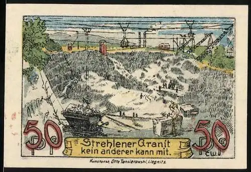 Notgeld Strehlen 1921, 50 Pfennig, Strehlener Granit Abbau und Stadtwappen, Sparmarke der Stadt Strehlen in Schlesien