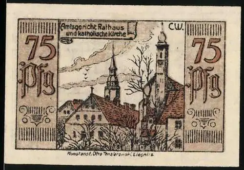 Notgeld Strehlen, 1921, 75 Pfennig, Amtsgericht Rathaus und katholische Kirche Abbildung