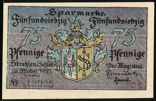 Notgeld Strehlen i. Schles. 1921, 75 Pfennig, Sparmarke mit Stadtansicht vom Mühlberg