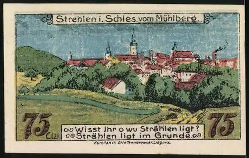 Notgeld Strehlen i. Schles. 1921, 75 Pfennig, Sparmarke mit Stadtansicht vom Mühlberg