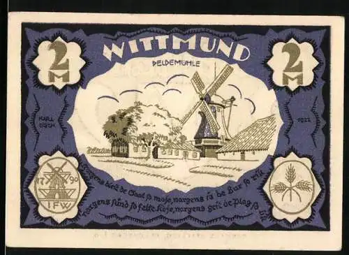 Notgeld Wittmund, 1921, 2 Mark, Peldemühle und Stadtwappen, Gerhard Stalling, Oldenburg