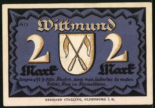 Notgeld Wittmund, 1921, 2 Mark, Peldemühle und Stadtwappen, Gerhard Stalling, Oldenburg