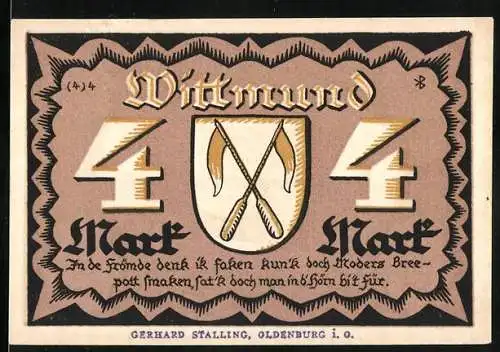 Notgeld Wittmund, 1921, 4 Mark, Rückansicht mit Ostermoor 1850 und Dampfschiff, Vorderansicht mit Wappen