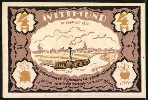 Notgeld Wittmund, 1921, 4 Mark, Rückansicht mit Ostermoor 1850 und Dampfschiff, Vorderansicht mit Wappen