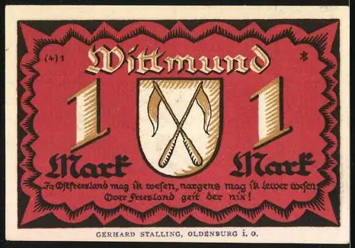 Notgeld Wittmund, 1921, 1 Mark, Schloss, Zentrum 1764, Gerhard Stalling, Oldenburg i.O