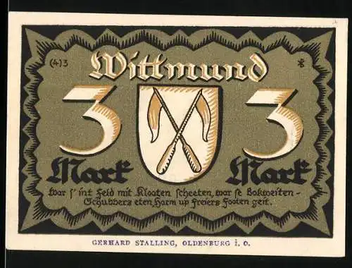 Notgeld Wittmund, 1922, 3 Mark, Gebäudeabbildung und Wappen mit Fahnen