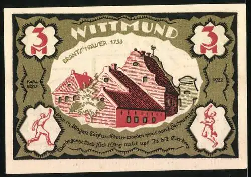 Notgeld Wittmund, 1922, 3 Mark, Gebäudeabbildung und Wappen mit Fahnen