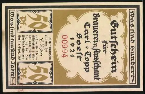 Notgeld Soest 1921, 50 Pf, Gutschein für Brauerei und Ausschank Carl Topp