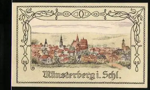 Notgeld Münsterberg i. Schl., 1921, 50 Pfennig, Stadtansicht und Wappen, Ausgabe vom Magistrat am 19. April 1921