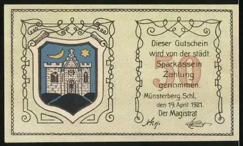 Notgeld Münsterberg i. Schl., 1921, 50 Pfennig, Stadtansicht und Wappen, Ausgabe vom Magistrat am 19. April 1921