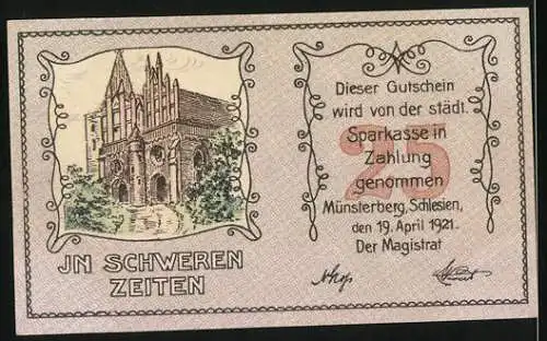 Notgeld Münsterberg, 1921, 25 Pfennig, Nur Nicht Verzweifeln und Kirche, In Schweren Zeiten