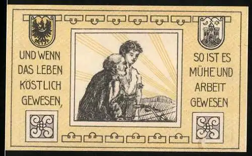 Notgeld Münsterberg 1921, 10 Pfennig, Zwei Personen mit Kerze und Stadtwappen
