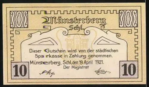 Notgeld Münsterberg 1921, 10 Pfennig, Zwei Personen mit Kerze und Stadtwappen