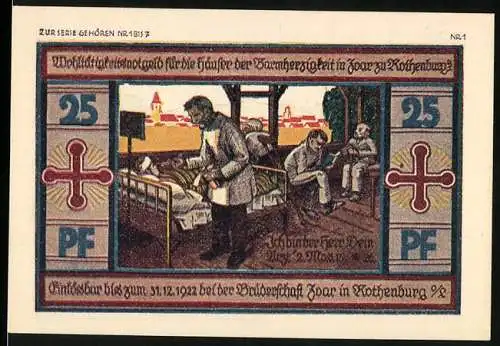 Notgeld Rothenburg 1922, 25 Pf, Rothenburger Versicherung, Gebäude und Handwerker, Serie Nr. 18157