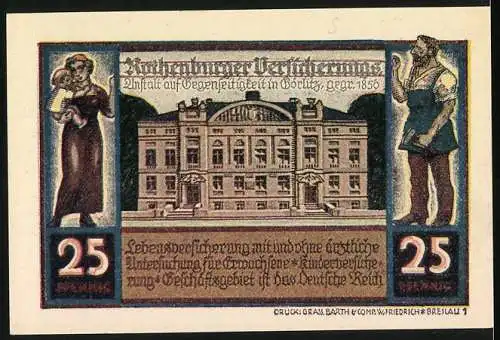 Notgeld Rothenburg 1922, 25 Pf, Rothenburger Versicherung, Gebäude und Handwerker, Serie Nr. 18157