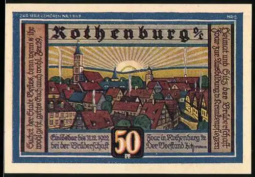 Notgeld Rothenburg, 1922, 50 Pfennig, Rothenburger Versicherung, Stadtansicht und Gebäude mit Handwerkern