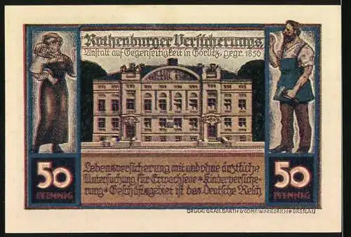 Notgeld Rothenburg, 1922, 50 Pfennig, Rothenburger Versicherung, Stadtansicht und Gebäude mit Handwerkern