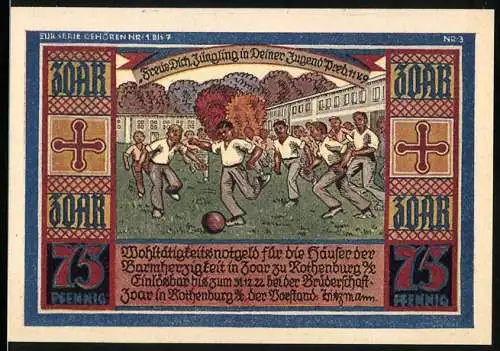 Notgeld Rothenburg, 1922, 75 Pfennig, Kinder beim Fussballspiel und Gebäude der Lebensversicherung