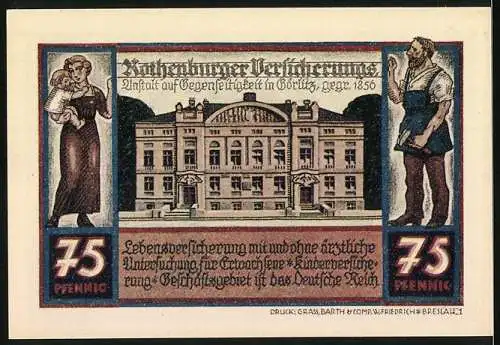 Notgeld Rothenburg, 1922, 75 Pfennig, Kinder beim Fussballspiel und Gebäude der Lebensversicherung