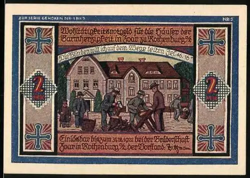 Notgeld Rothenburg, 1922, 2 Mark, Wohltätigkeitsnotgeld für Häuser der Barmherzigkeit & Rothenburger Feuerversicherung