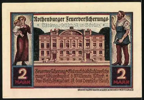 Notgeld Rothenburg, 1922, 2 Mark, Wohltätigkeitsnotgeld für Häuser der Barmherzigkeit & Rothenburger Feuerversicherung