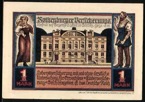 Notgeld Rothenburg, 1 Mark, Rothenburger Versicherung, Lebensversicherung und Altenheimillustration